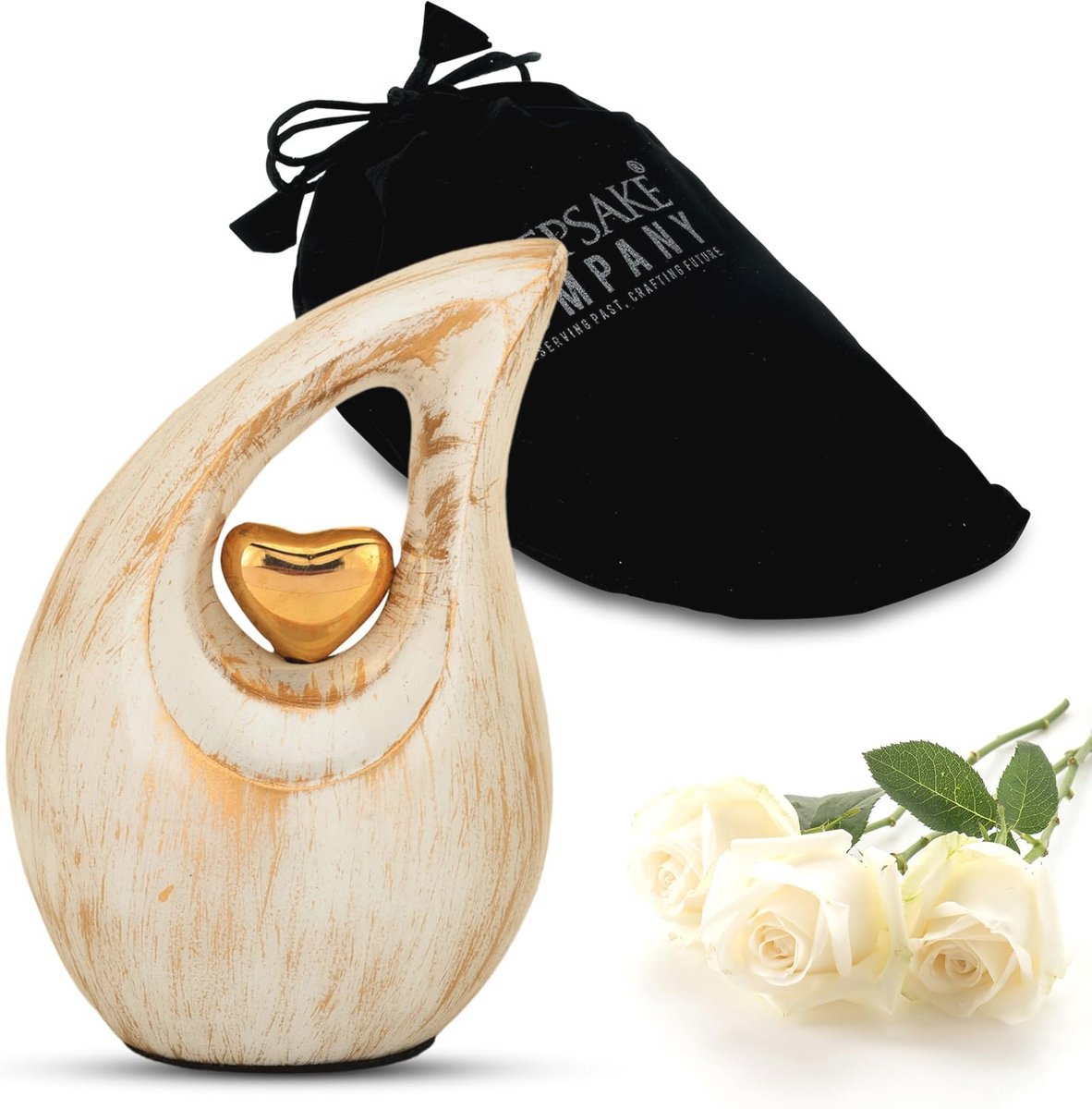 Kleine en Mini Druppelurnen in Goudwit met Gouden Hart - Elegante Herinneringsurnen
