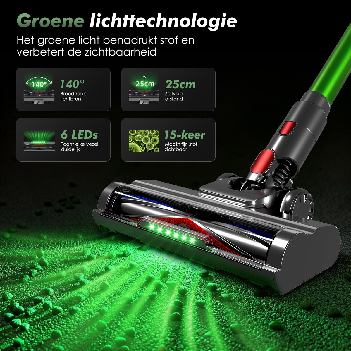 Fukstern Steelstofzuiger Draadloos - 38KPa krachtige zuigkracht - Tot 60 Min Accuduur - 4-voudig HEPA-Filtersysteem - 1,6L Stofreservoir - Anti-Klit Vloerborstel draadloze steelstofzuiger - groen – foto 6