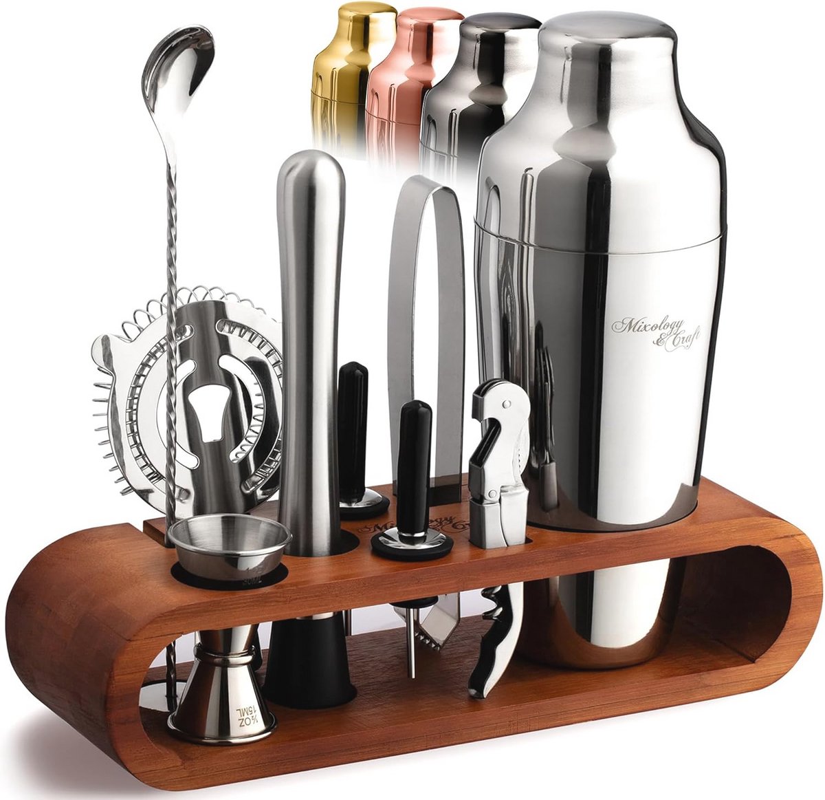 10-delige bartending set voor cocktailmixen met bamboestandaard - Thuisbartender en Shaker Set