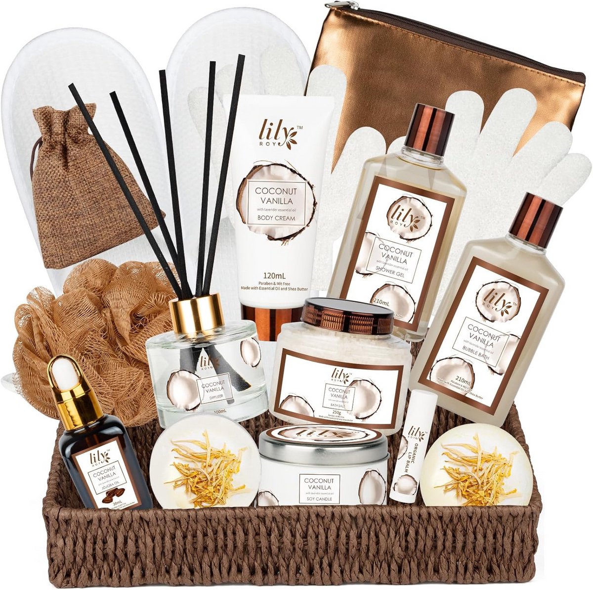 Bad- en lichaam geschenkmandset voor vrouwen – kokosnoot vanille spa cadeaus