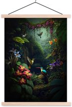 Posterhanger incl. Poster 60x80 cm - Schoolplaat - Bloemen - Planten - Jungle - Vogels - Textielposter - Blanke latten