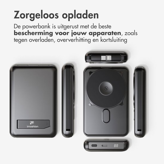 imoshion® Powerbank 10000 mAh met geïntegreerde kabels - Geschikt voor MagSafe - Snellader - USB C - LED-Display - Magnetische Powerbanks - Noodpakket