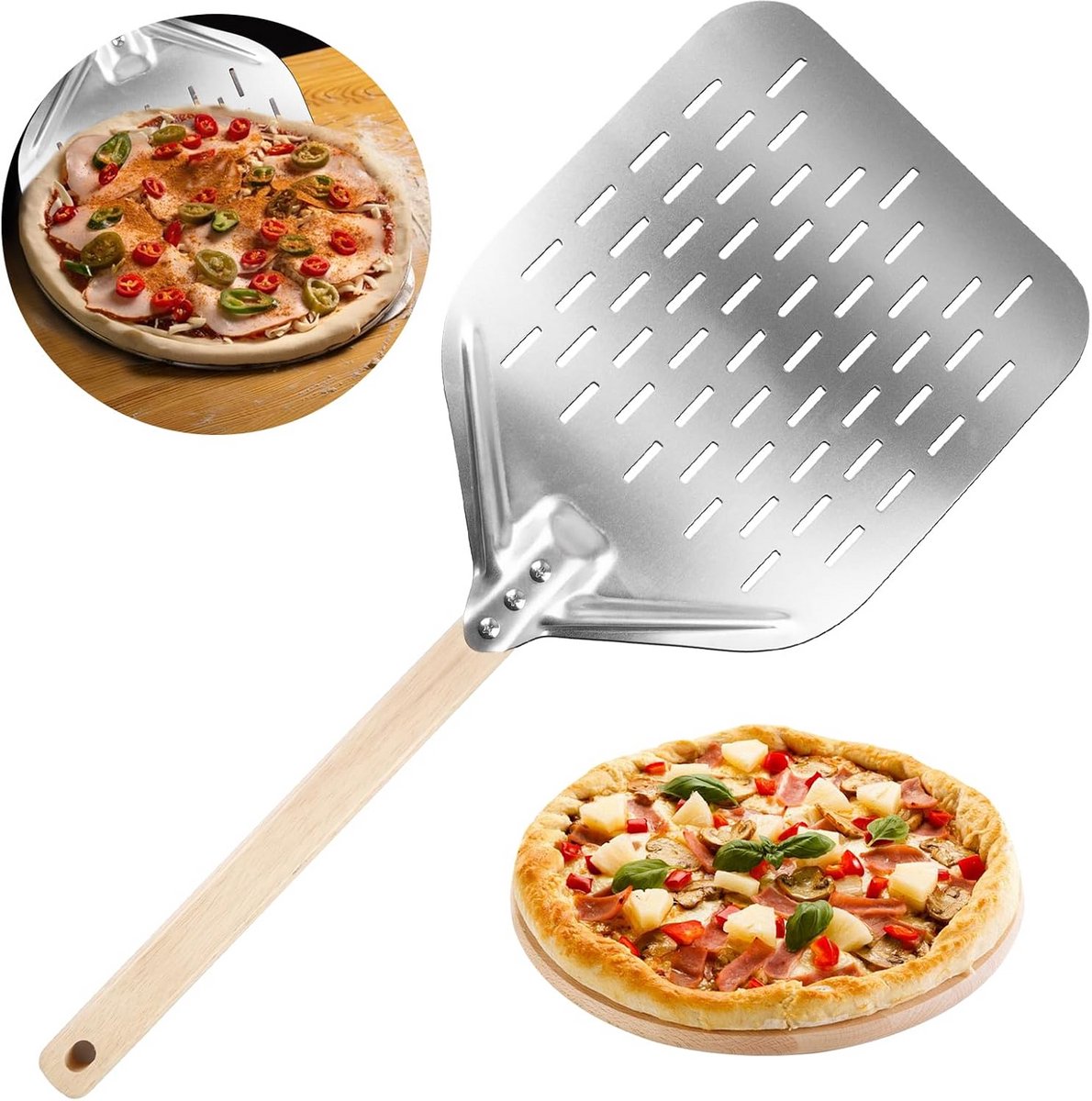 Geperforeerde Pizzaschep 30 cm met Warmte-isolerend Handvat van Eikenhout