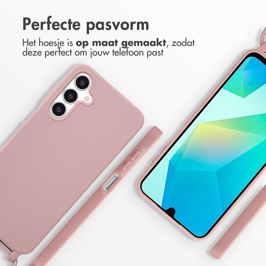 Coque de téléphone en silicone rose sable présentée avec une partie d'un téléphone et son cordon réglable.