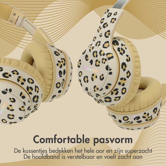 Close-up van de imoshion koptelefoon met luipaardprint en beige oorschelpen.