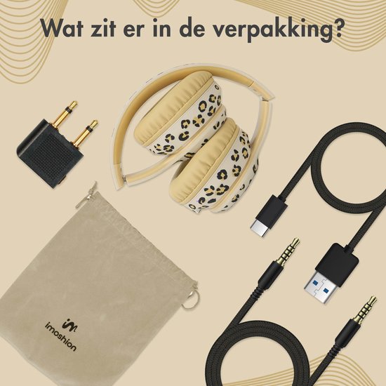 Overzicht van de imoshion koptelefoon, opbergzakje, adapter en kabels.