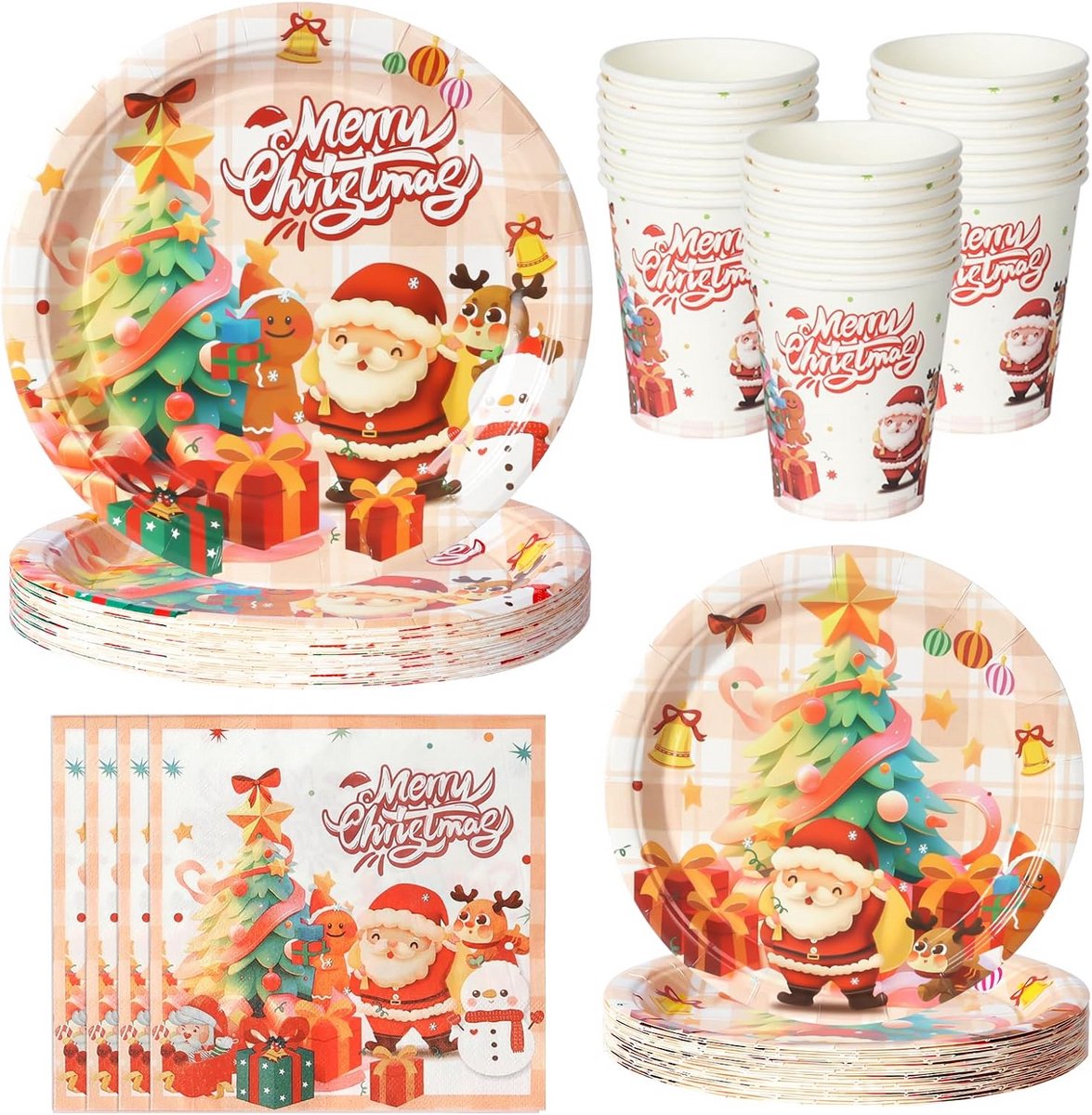 Kerstpapieren Borden en Servetten Set voor 16 Personen - 64 Stuks