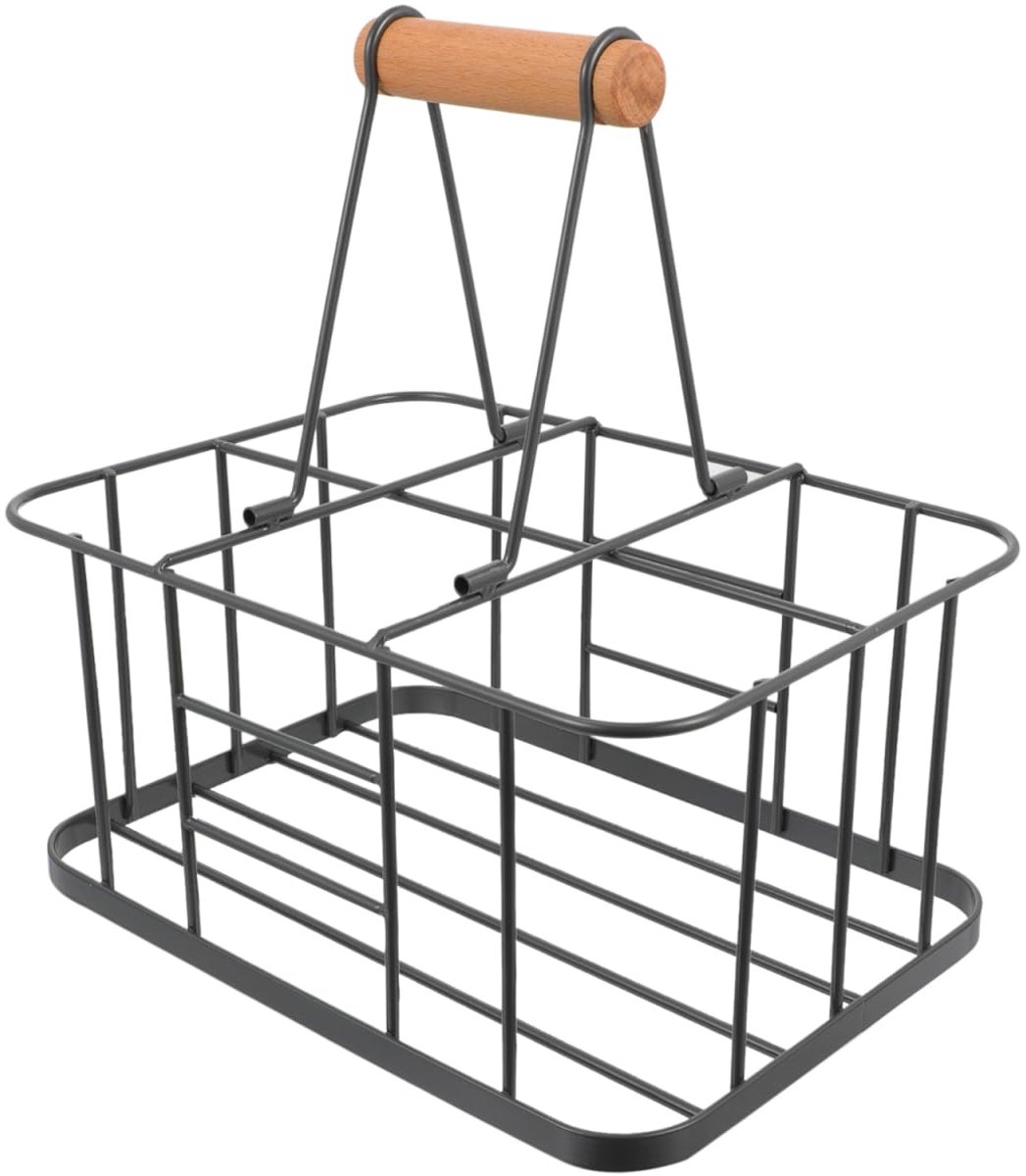 Unyqoos® Metalen flessenmand met houten handvat voor zes flessen in vintage stijl