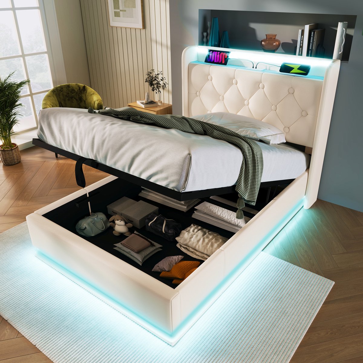 OKWISH Gestoffeerd bed 90x200 cm – Eenpersoonsbed met 360° LED & APP/afstandsbediening – Hydraulisch opbergbed met USB-C – Kunstleer – Wit – Zonder matras