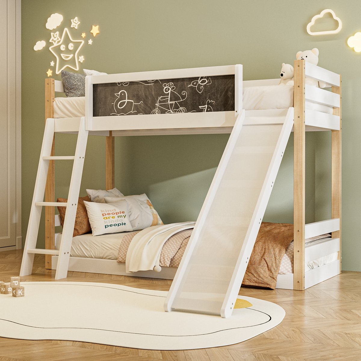 OKWISH Stapelbed 90x200 cm – Kinderbed Met Glijbaan & Trap – 4-Zijdige Beschermhekken, Antislip Drie-Traps Ladder – Hout – Wit – Zonder matras