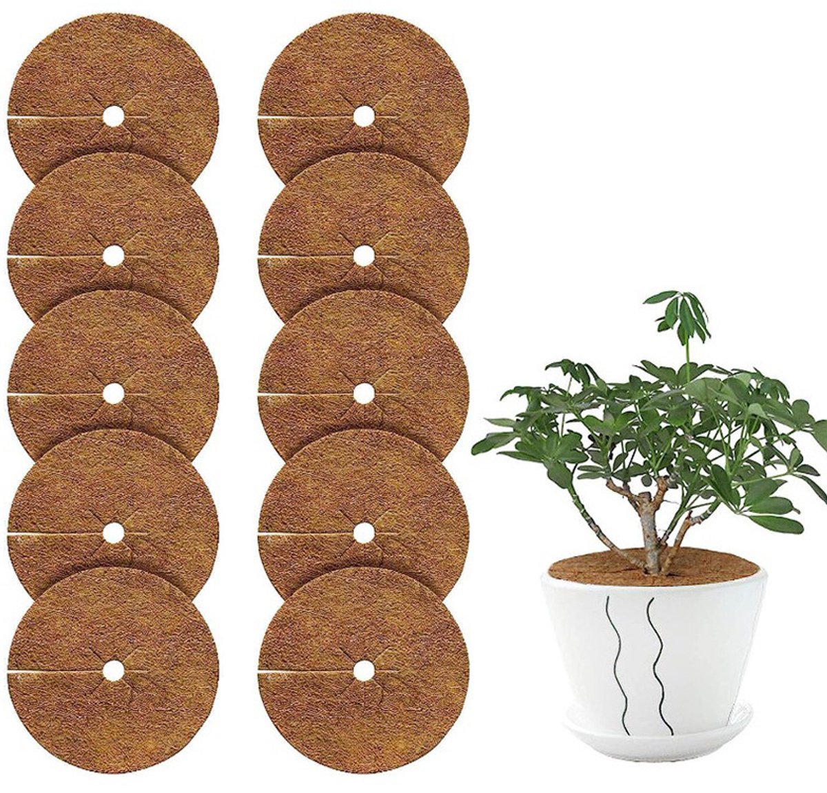 10 kokosvezelmatten voor bloempotten, kokosvezelmatten, ronde opening, platte matten, onkruidbestrijding, lekpreventie, bodembeschermingsmatten, tuingereedschap, 35 cm