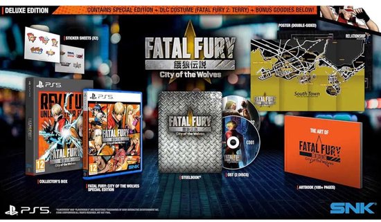 PS5 Deluxe Edition van Fatal Fury: City of the Wolves met steelbook, artbook, poster, OST en stickerbladen.