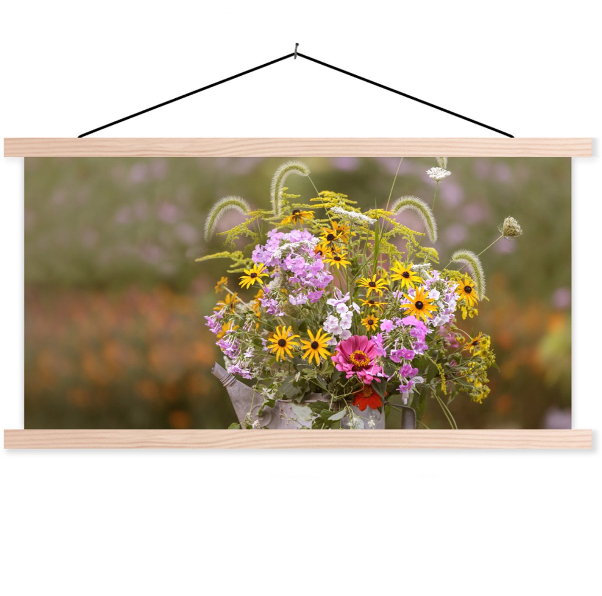 Posterhanger incl. Poster 90x45 cm - Schoolplaat - Bloemen - Gieter - Kleur - Textielposte