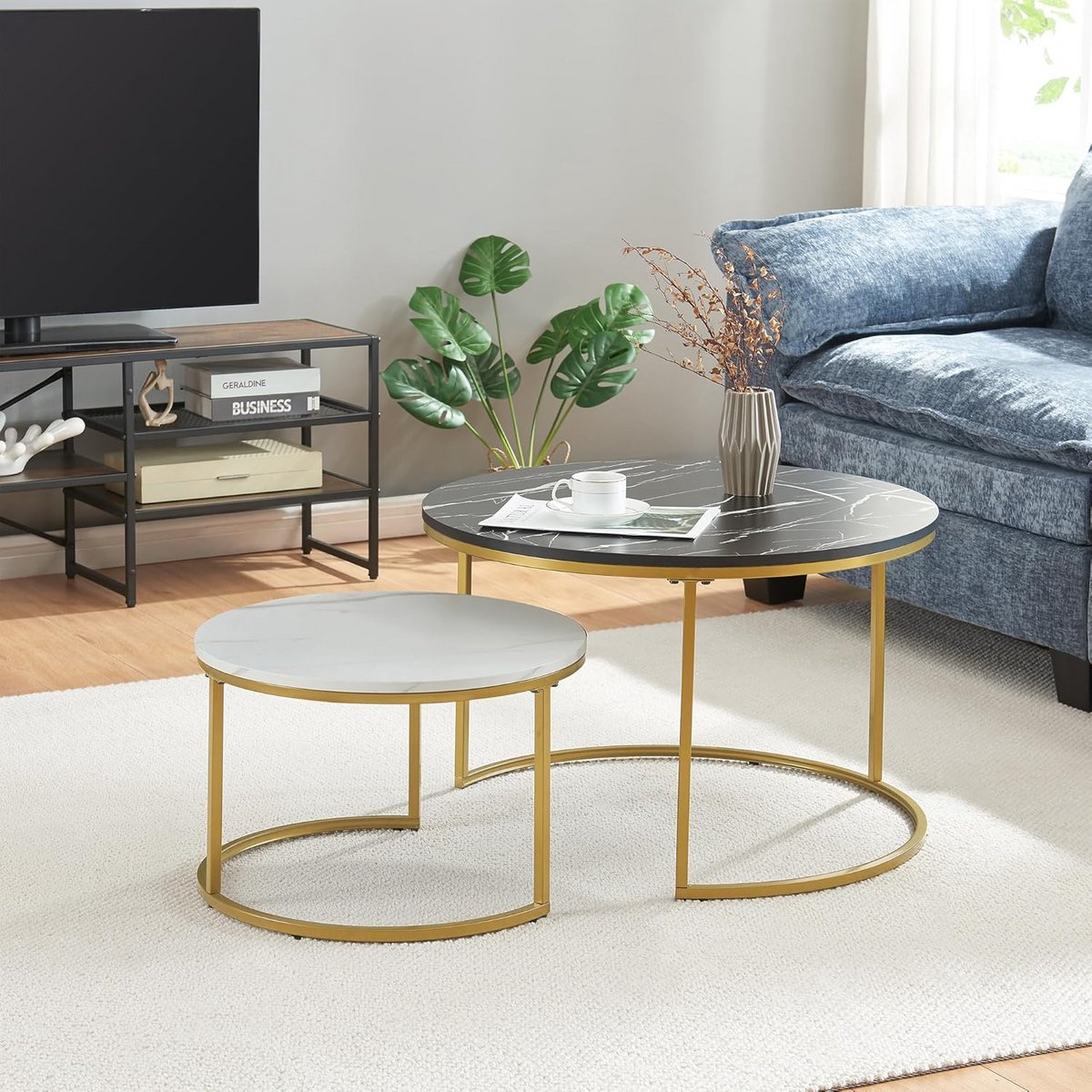 Set van 2 Salontafels Rond - Marmer Look Zwart Wit met Gouden Metalen Frame
