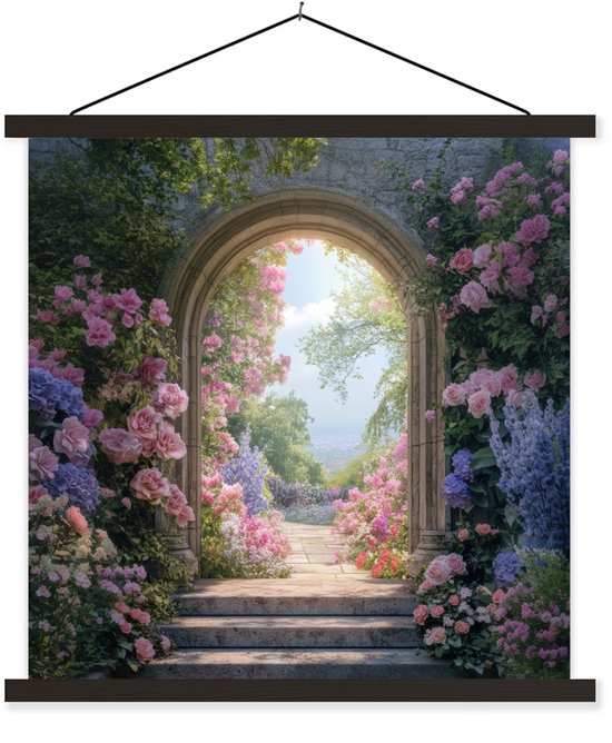 Posterhanger incl. Poster 90x90 cm - Schoolplaat - Doorkijk - Rozen - Vintage - Bloemen - Textielposter - Zwarte latten