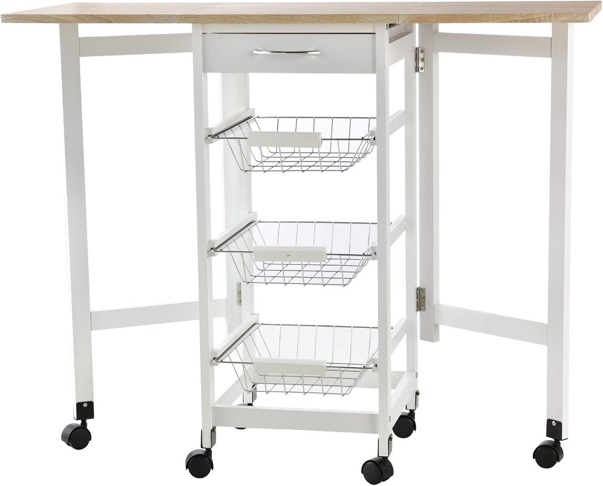 Serveerwagen met wielen, 3 metalen manden + lade + uitklapbare planken wit/licht eiken