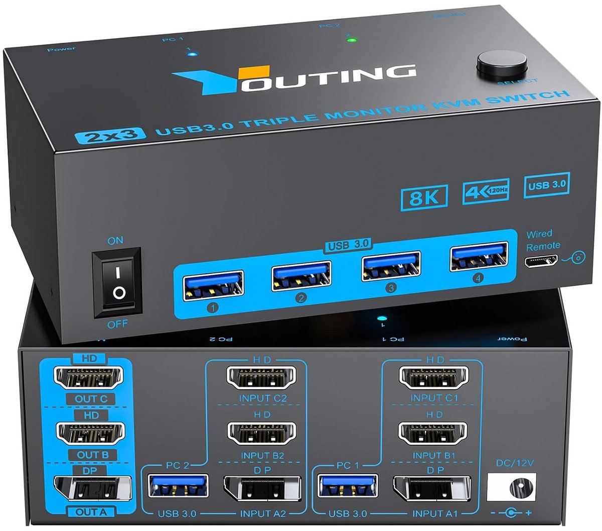 KVM-switch voor 2 pc's en 3 monitoren met HDMI en DisplayPort 8K @60Hz en 4K @144Hz 4K KVM-switch voor 2 pc's 3 schermen