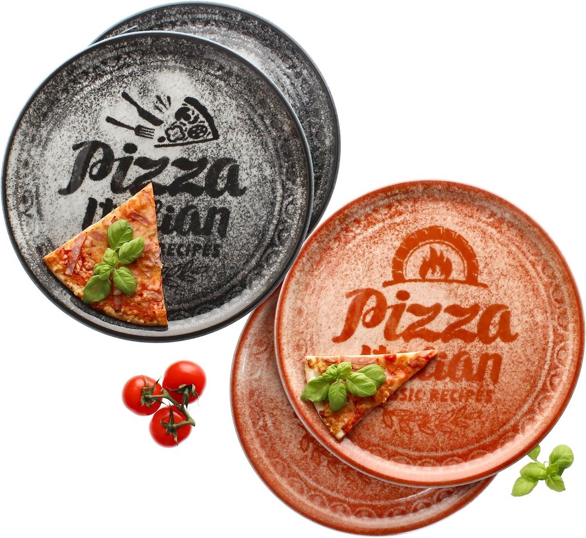 Set van 4 XL pizzaborden - rode en zwarte design - diameter 31 cm - porselein