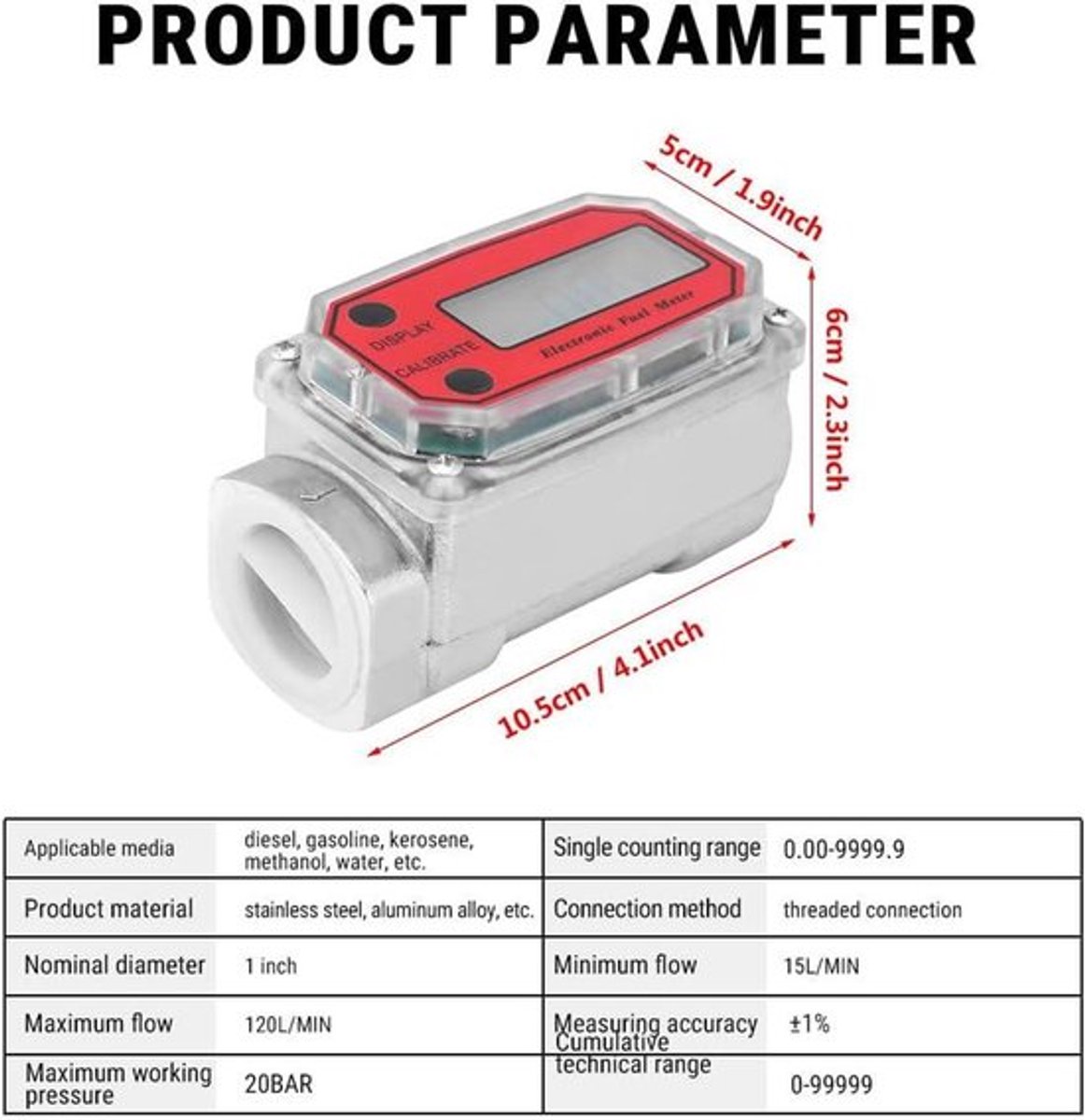 Waterdebietmeter turbinestroommeter digitale piekstroommeter olietankniveaumonitor elektronische debietmeter manometer - 15-120L 1 inch inlaat/uitlaat NPT voor diesel kerosine benzine