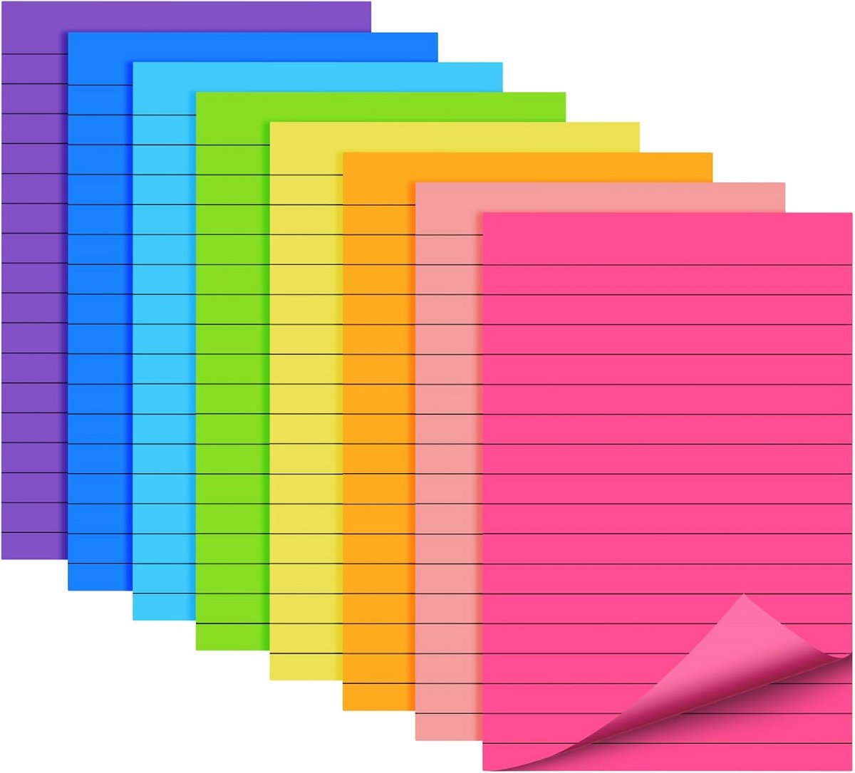 Grote Gevoerde Plaknotities 4x6 Inch - 8 Pads met Lijnen in 8 Heldere Kleuren