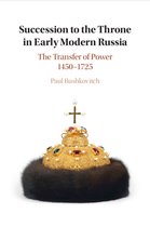 Boekcover met de titel 'Succession to the Throne in Early Modern Russia: The Transfer of Power 1450-1725' door Paul Bushkovitch, met een afbeelding van een gouden kroon met juwelen en bont.