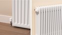 Witte slimme thermostaat op de vloer bij een witte radiator en een detail van een thermostaat op een radiator.