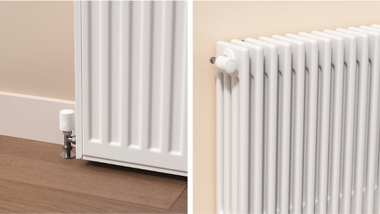 Witte slimme thermostaat op de vloer bij een witte radiator en een detail van een thermostaat op een radiator.