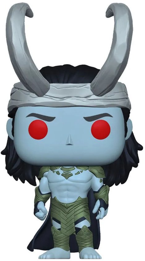Loki Funko Pop! met blauwe huid, rode ogen, grijze hoorns en groene pantser.
