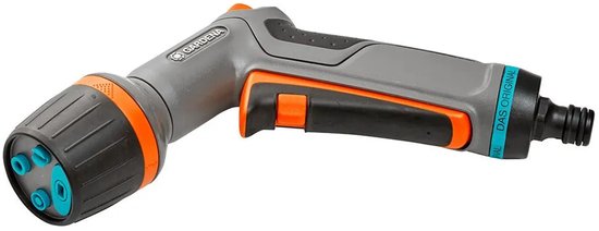 Grijze Gardena spuit met oranje accenten en een sproeikop met vier instellingen.