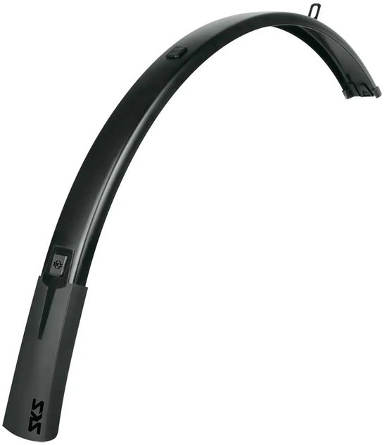 Zwart SKS fietsspatbord met SKS logo aan de onderkant en een bevestigingsbeugel aan de bovenkant.