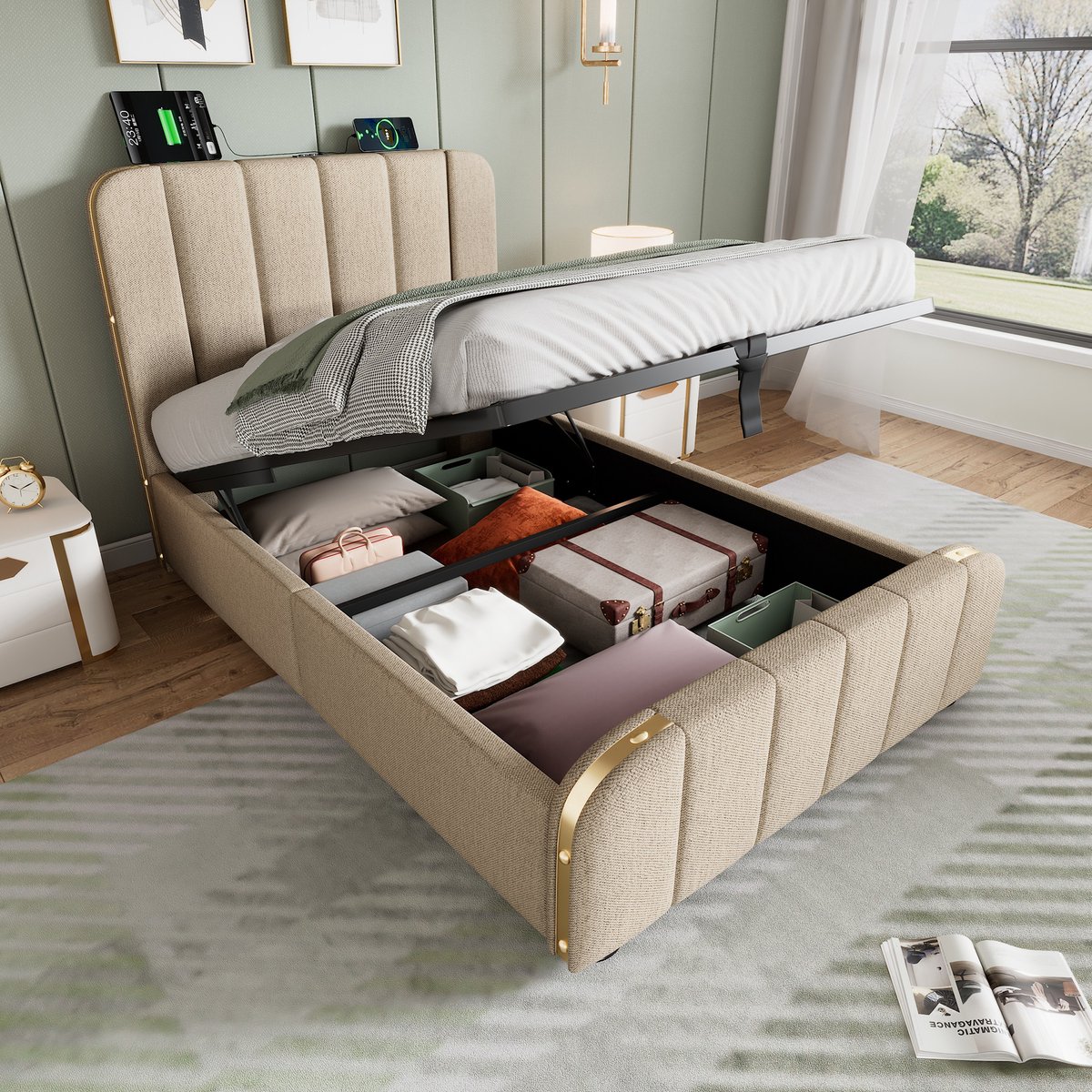 REDOM Gestoffeerd eenpersoonsbed 90×200 cm – beige linnen, hydraulische opbergruimte, USB‑C lader, gouden strepen