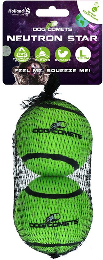 Net met twee groene tennisballen met zwarte strepen. Holland Dog Comets Neutron Star.