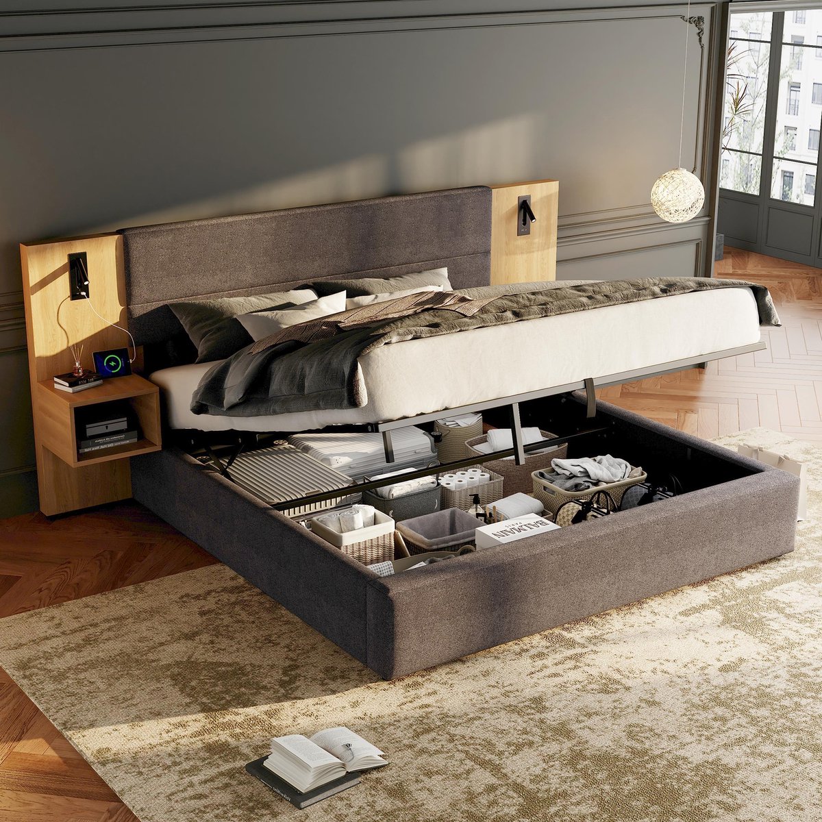 Wishdor Gestoffeerd Opbergbed 180x200 cm - 2 Nachtkastjes - Leeslampjes & USB-A/USB-C - Gr