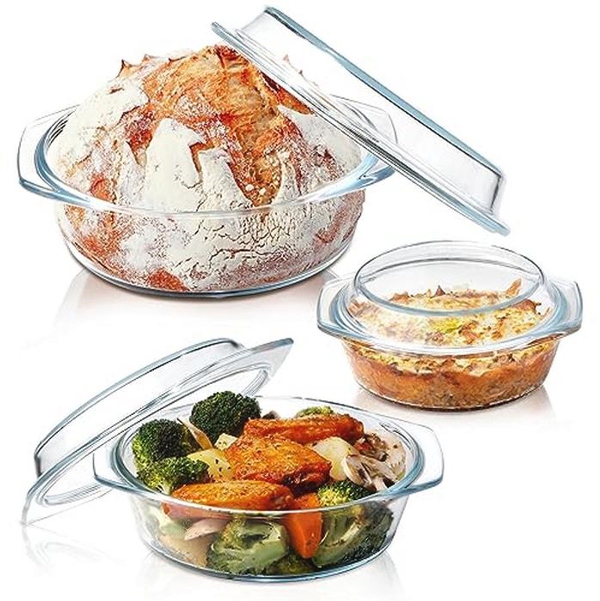 Ronde Glazen Ovenschaal Set met Deksel - 3 Stuks (0.65L, 1L, 1.4L)