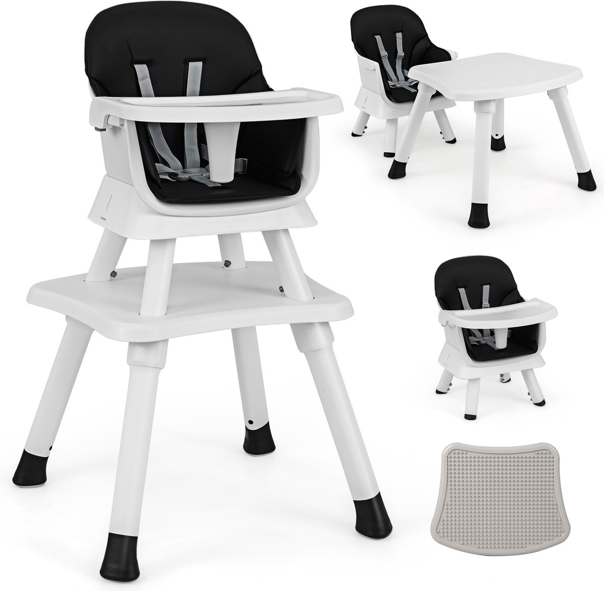 COSTWAY 6-in-1 hoge babystoel, kinderstoel, eetstoel, leertafel, bouwsteentafel, kinderzitgroep, kinderstoel met veiligheidsgordel en afneembaar dienblad, babystoel, combi-kinderstoel (zwart)