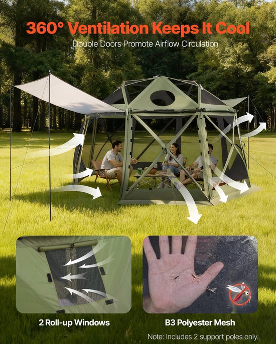 Pop-Up Gazebo Schermtent, 3.96 x 3.96 m, 13-Zijdige Dome Kampeer Canopy Met Losneembare Dak & Draagzak, Eenvoudige Opbouw & Insectbestendig, Buiten Zonnescherm voor 10-12 Personen, Groen van Merkloos — afbeelding 4