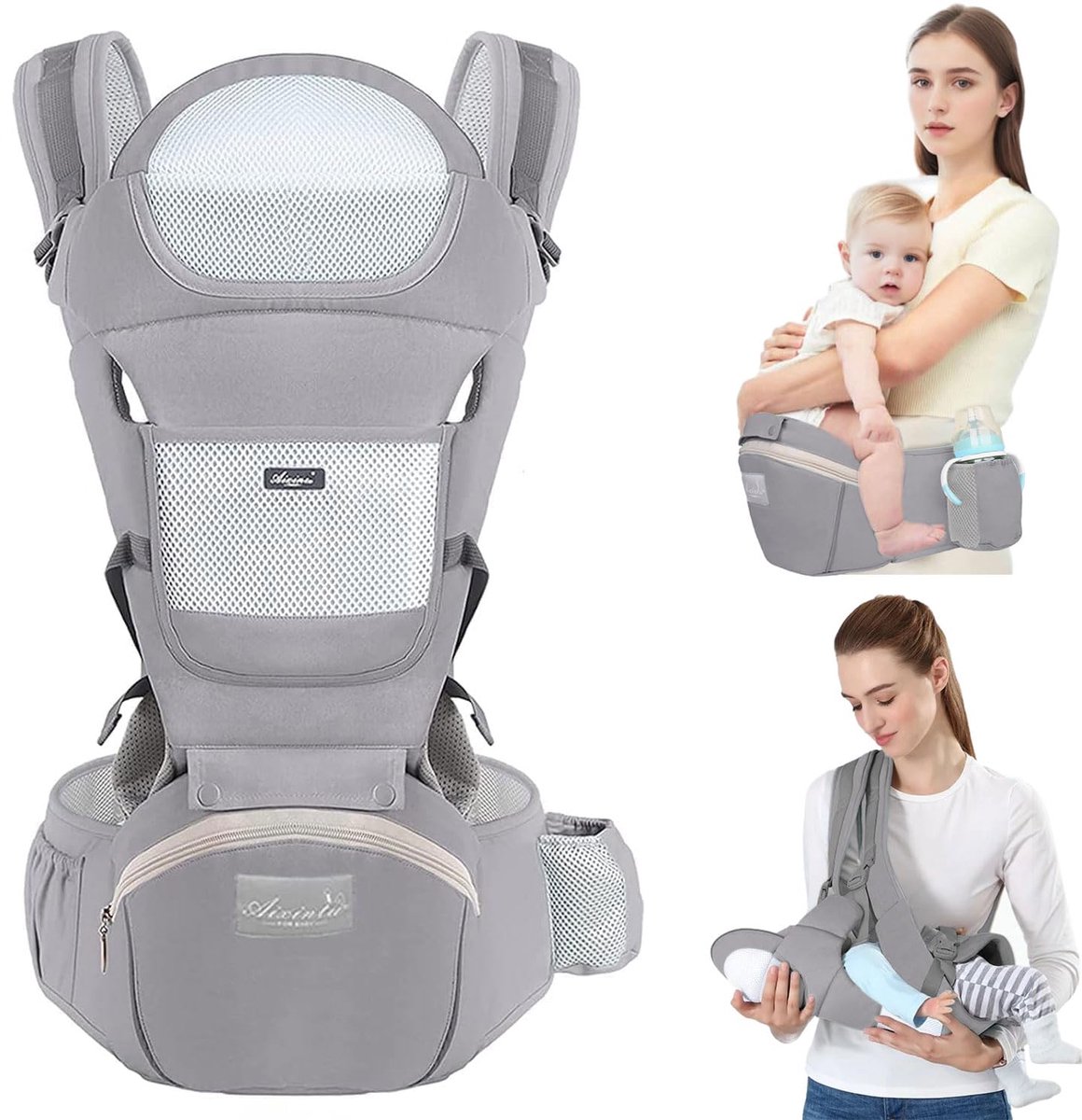 STILVORA Draagzakken - Ergonomische Heupdrager Voor Baby's 3-24 Maanden, Ventilerende Draagzak Met Heupzitje, Lichtgewicht Met Katoen, Grijs