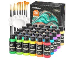 30 Kleuren Metallic Acrylverf Set met 10 Borstels en Palet – Niet-giftig en Rijke Pigmenten voor Kunstenaars en Beginners