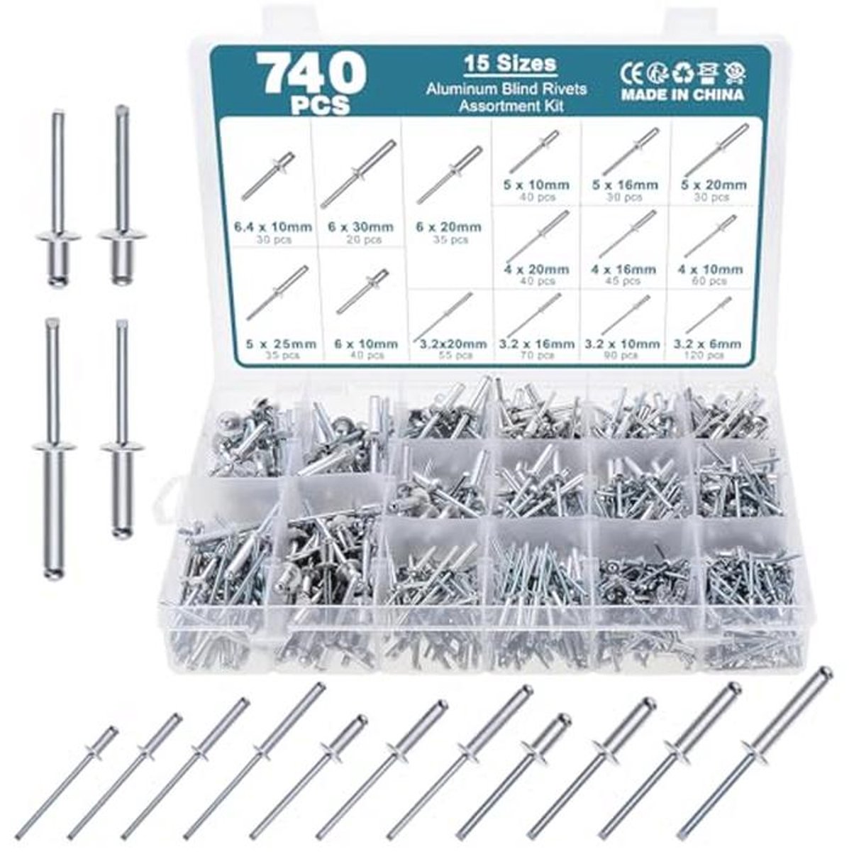740 Stuks Blinde Klinknagels - Aluminium Popklinknagels met Koepelkop - Diverse Maten 3,2 mm tot 6,4 mm