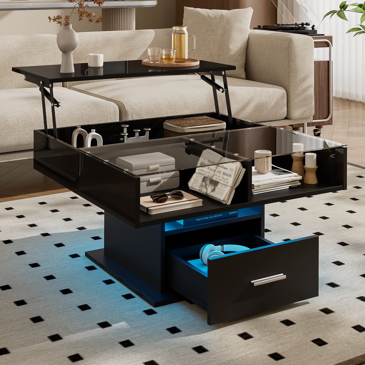 REDOM Multifunctionele hoogglans-lift-salontafel met LED-kleurwissel, Bluetooth, verstelbaar en opbergruimte zwart