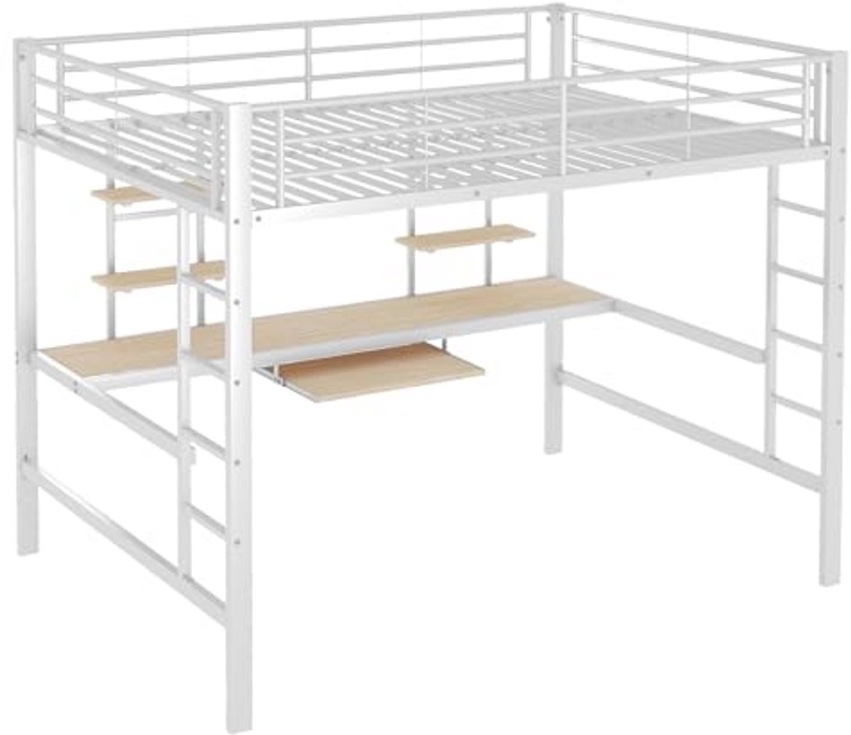 Tweepersoonsbed Hoogslaper met Bureau en 4 Planken met Toetsenbordlade voor Volwassenen en Jongeren - Metaal, Wit (140 x 200 cm)