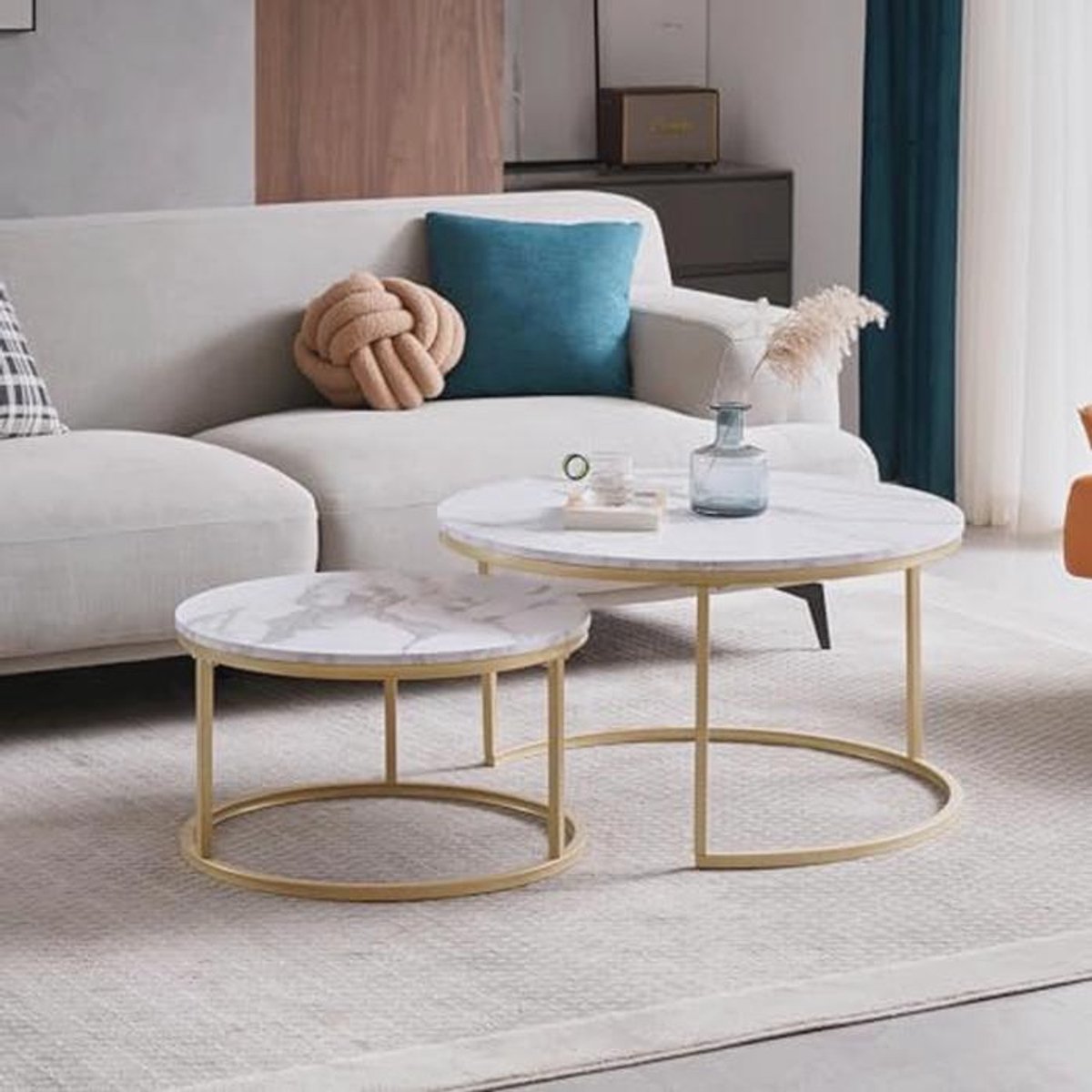 Set van 2 Uitschuifbare Salontafels - Rond en Modern, Gemaakt van MDF met Marmerlook