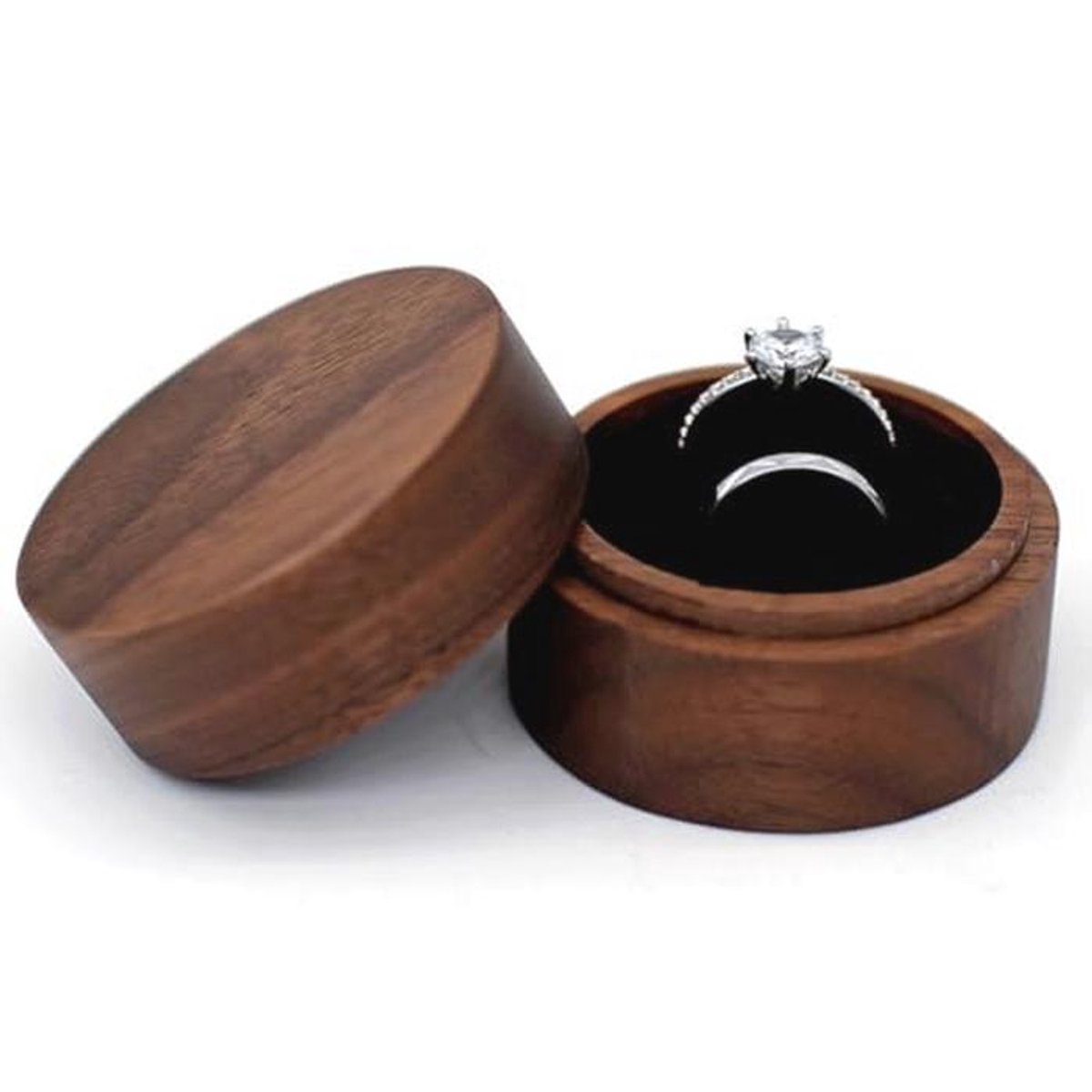Houten Ringendoos in Walnoot - Elegante Ronde Ringbox voor Huwelijksaanzoek en Verloving