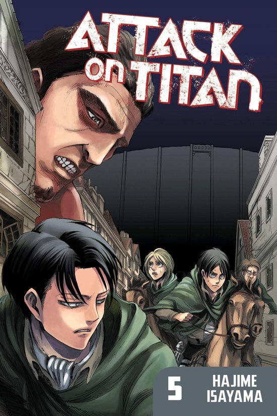 Attack on Titan 5, manga met Levi, Eren enMikasa op paarden voor een muur, met een reus op de achtergrond.