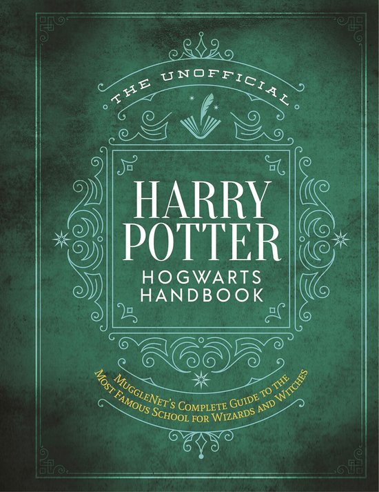 De kaft van 'The Unofficial Harry Potter Hogwarts Handbook' in groen met sierlijke ornamenten.