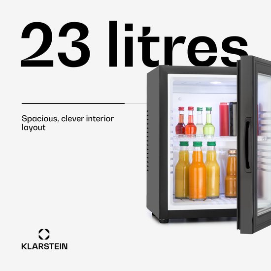 Klarstein Minibar Barmodel Koelkast - 24 Liter - glas - 0dB - Zwart - Minikoelkast - 5-15°C - voor Hotelkamer voor Kantoor - Stil Compact - Mini Fridge Kleine Koelkast Hotelkoelkast Drankkoeler Compact Koelkast van Klarstein — afbeelding 5