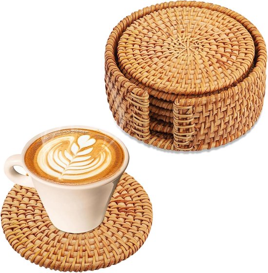 Set de dessous-de-verre en rotin - avec support - 6 dessous-de-verre - Dessous-de-verre de table - Dessous-de-verre en liège ronds - Adapté aux boissons - Tasses - Bars - Décor - Set de dessous-de-verre en bois - 8*8cm - Style 1