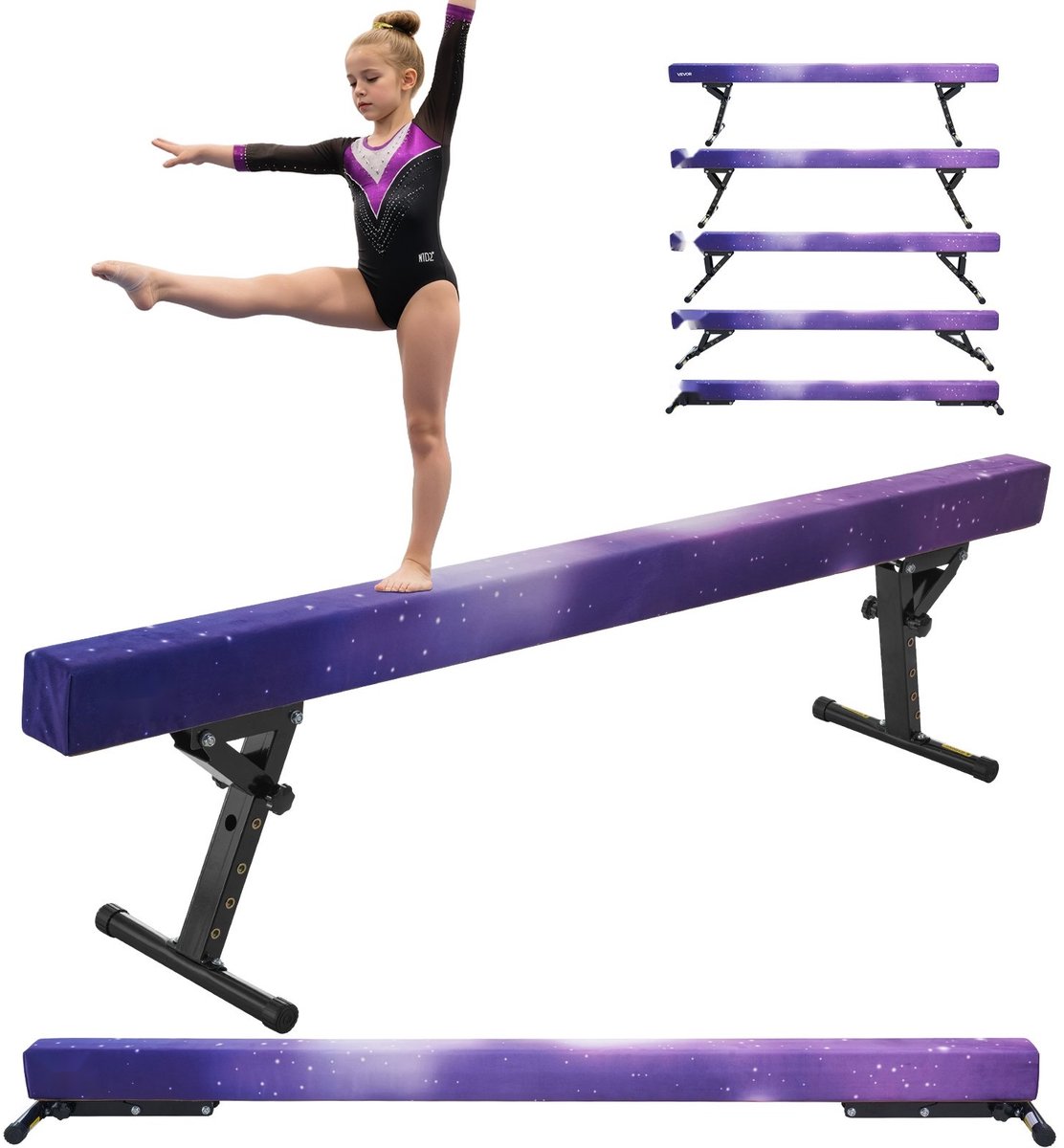 Turnbalk - Evenwichtsbalk voor Kinderen - Lengte 241 cm - Hoogte Verstelbaar 5 Niveaus - Draagvermogen 158,7 kg - Antislip Oppervlak - Voor Thuis en Gymzaal - Galaxy