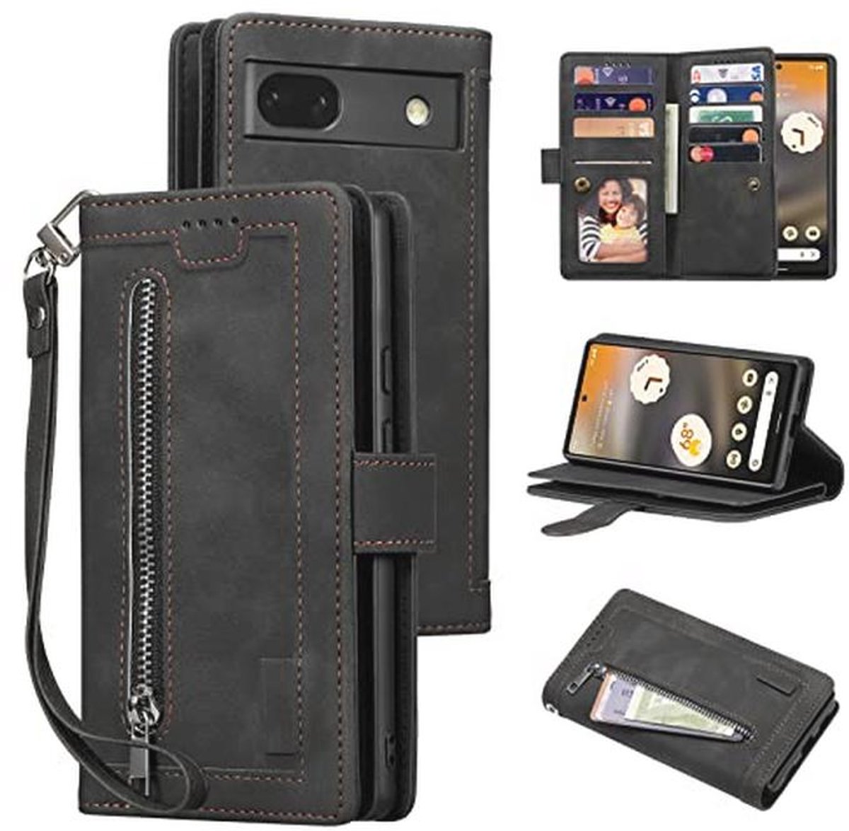 Vintage Wallet Case voor Google Pixel 6a met 9 Kaartvakken en Standfunctie - Zwart