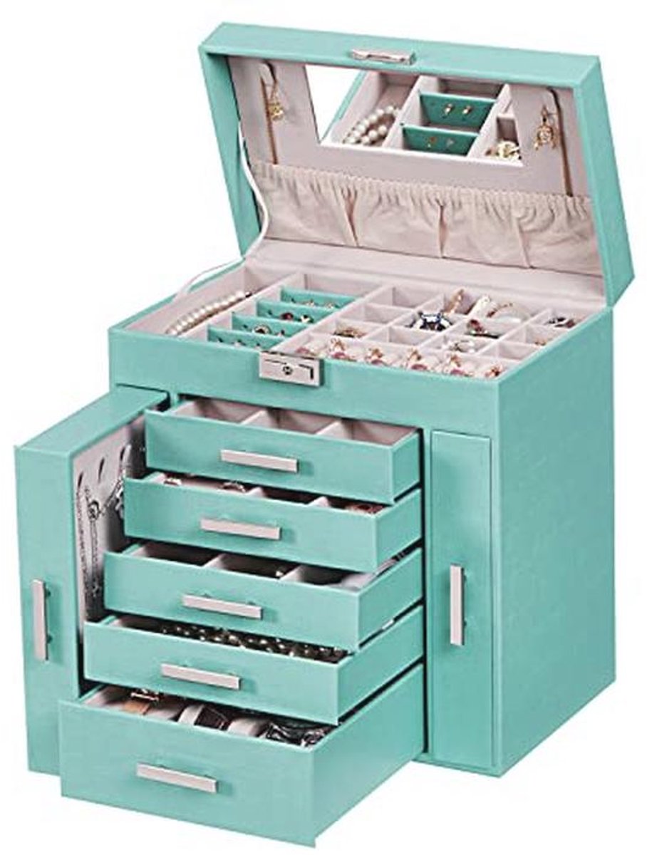 Grote Sieraden Organizer Doos voor Vrouwen - Multifunctionele Sieraden Opbergdoos met Spiegel en Diverse Compartimenten